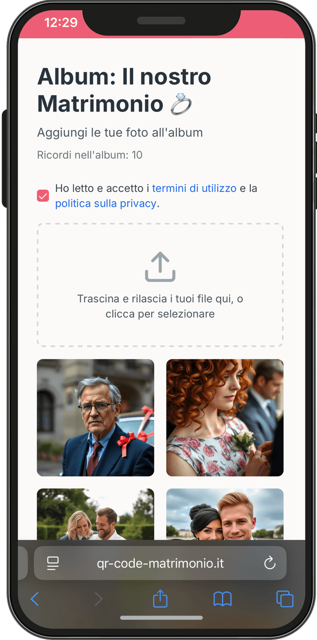 Smartphone mostra caricamento facile foto matrimonio senza app
